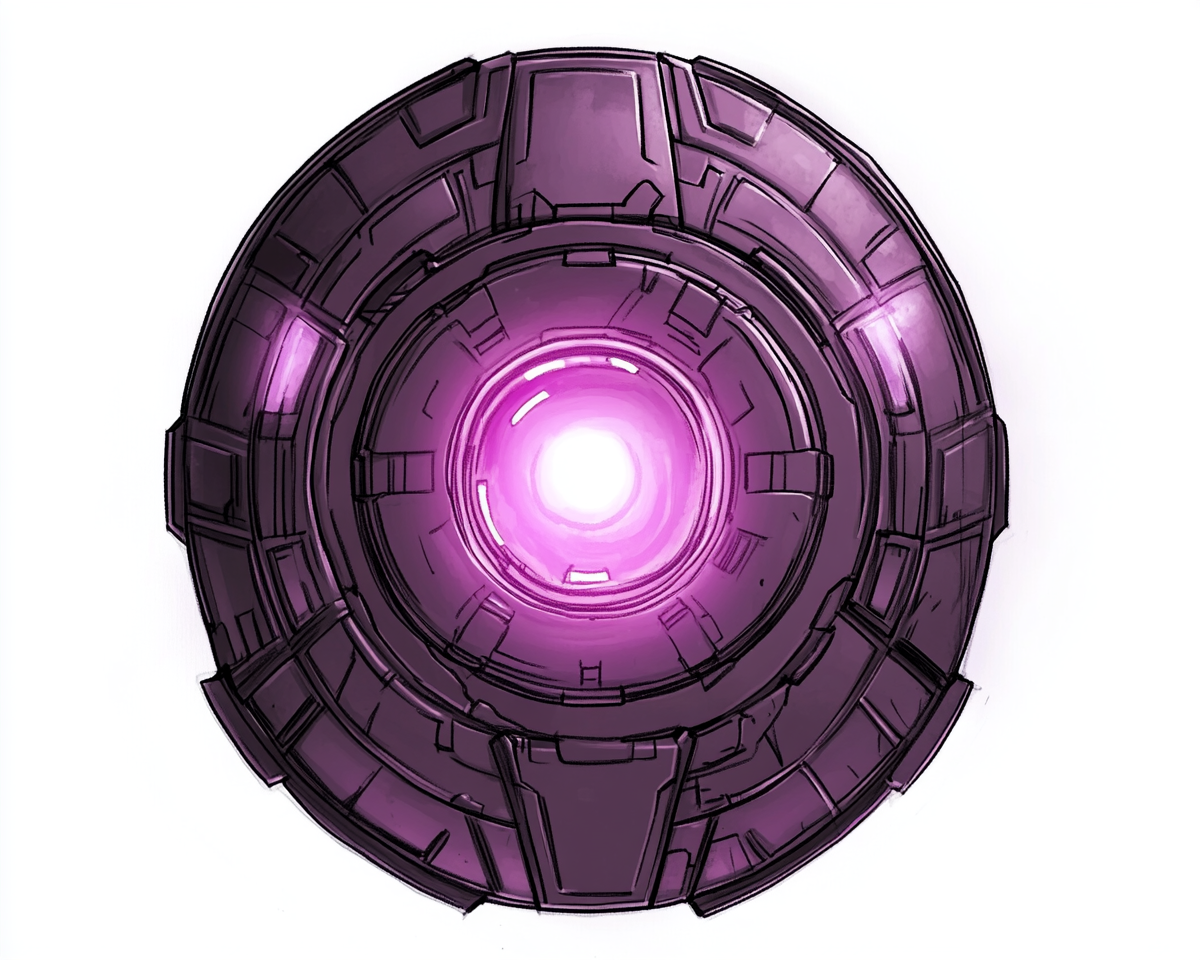 A 1970's style comic: Purple metal shield with core.