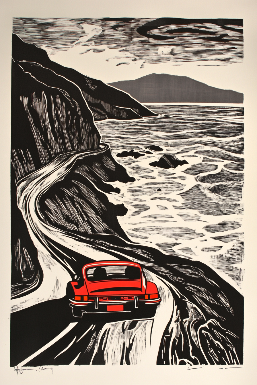 A 1970 Porsche 911 Coastal Drive Woodblock Print.