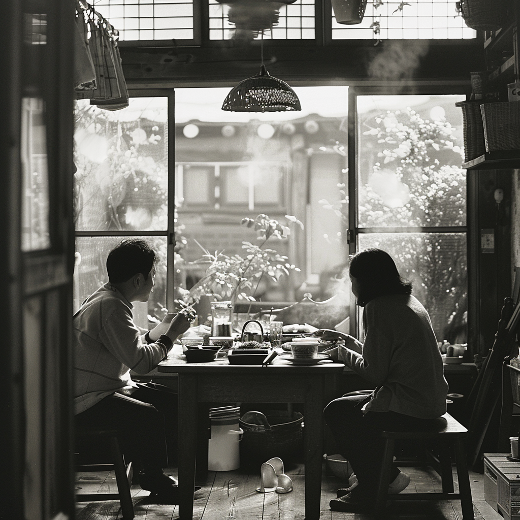 A 1990s Korean family enjoying dinner together