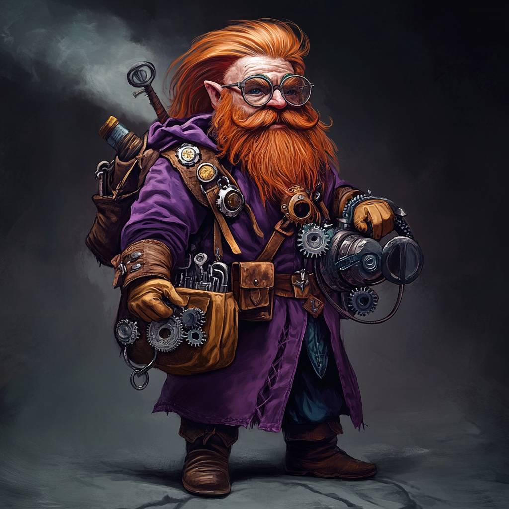 A 35-year-old gnome wizard with red hair and gear-filled bag, wearing purple tunic.