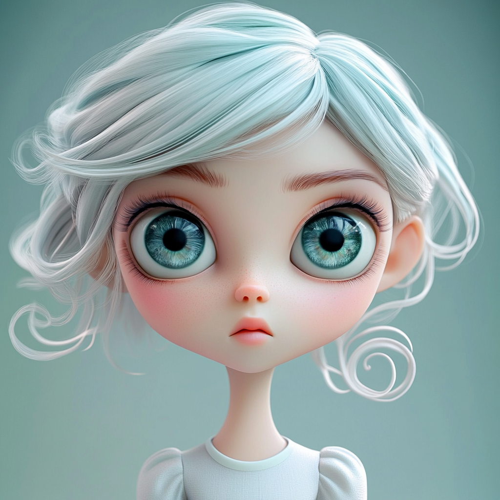 A 3D character portrait with glossy eyes and soft skin.