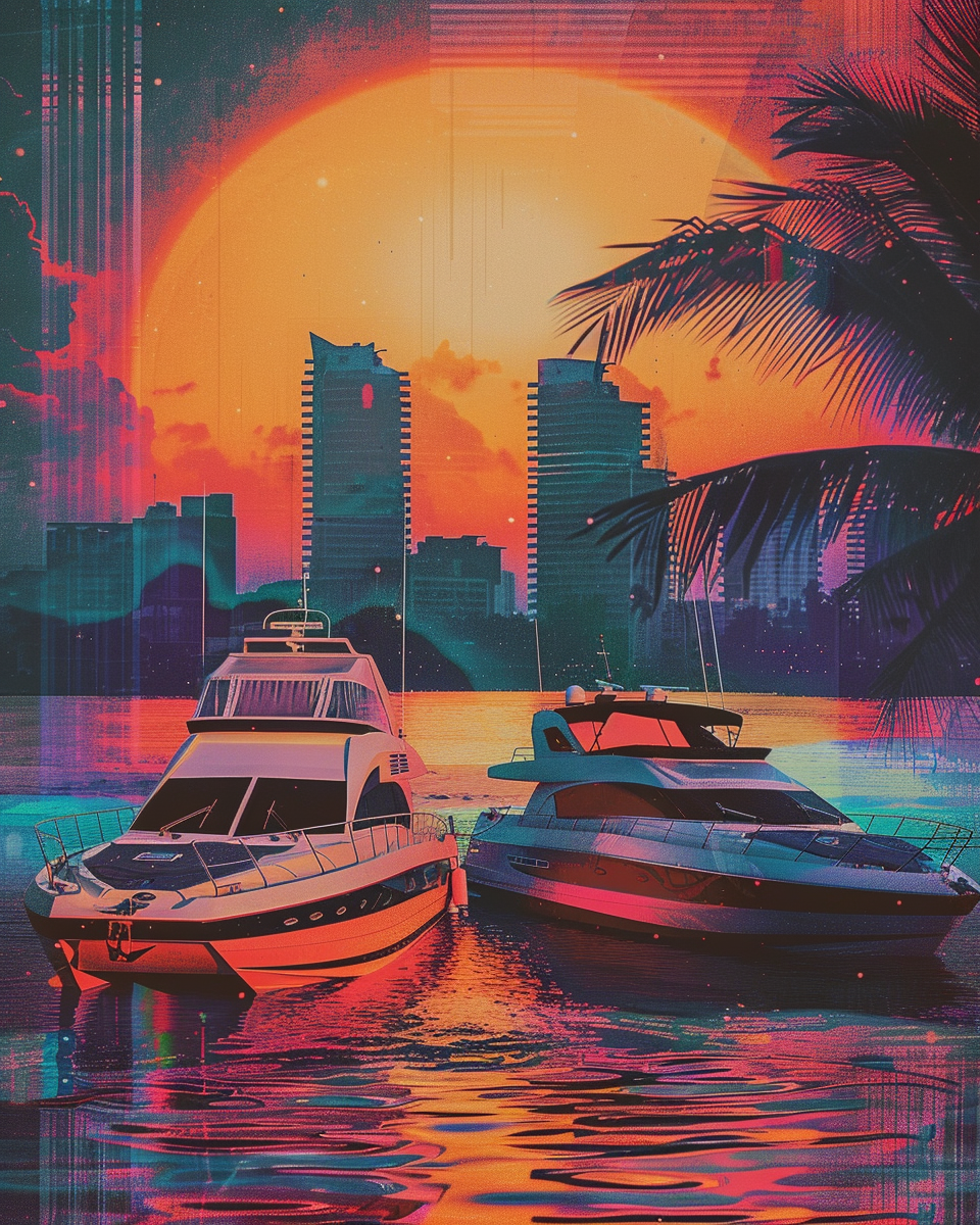 A 80's themed wallpaper with boats and skyline