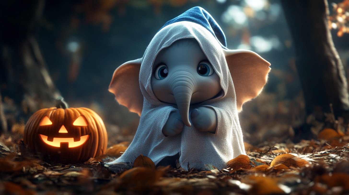 A Baby Elephant Dressed as Ghost for Halloween