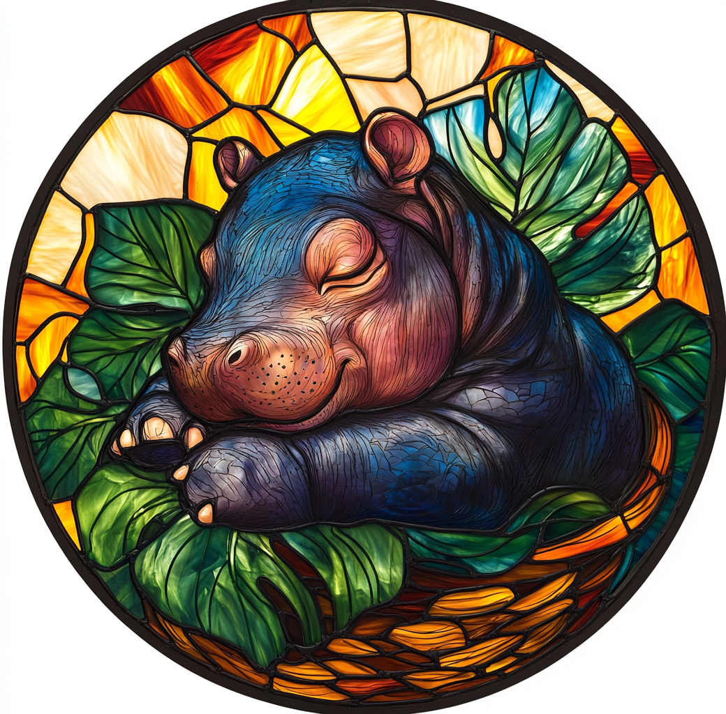 A Baby Hippo Sleeping in Leafy Basket Ornament