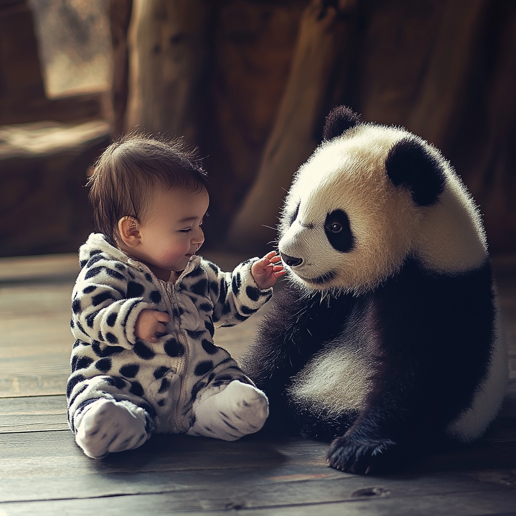 A Baby and Panda in Matching Outfits Bonding