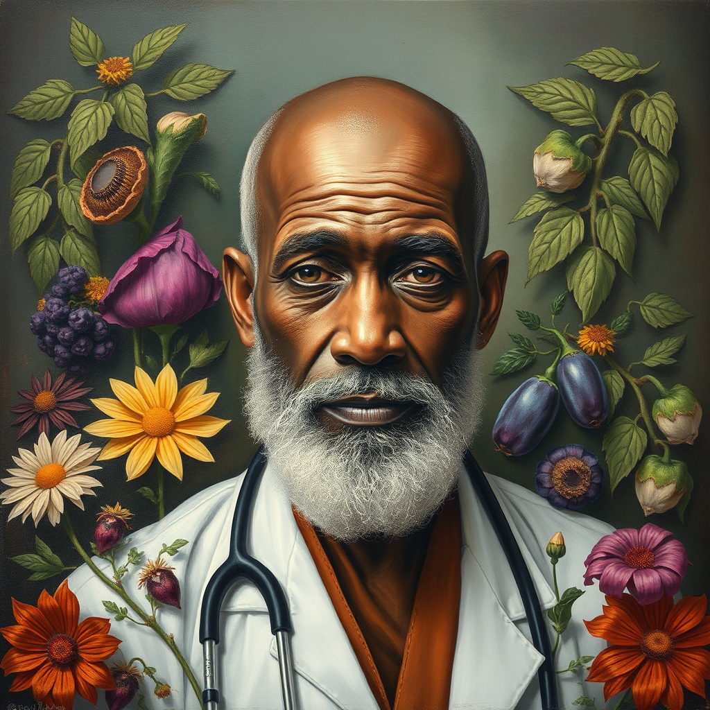 A Bald Dr. Sebi Surrounded by Medical Herbs