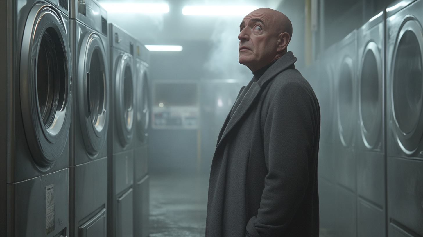 A Bald Telly Savalas Stands by Massive Washing Machine