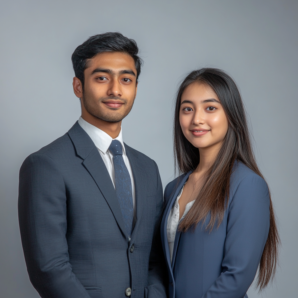 A Bangladeshi man and an Asian woman portrait.