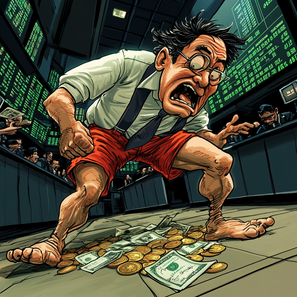 A Banker in Red Shorts Picking Money