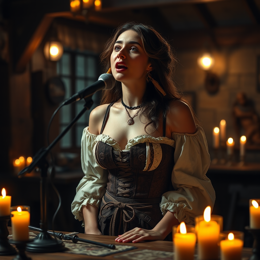 A Bard Singing in Tavern Under Candlelight Glow