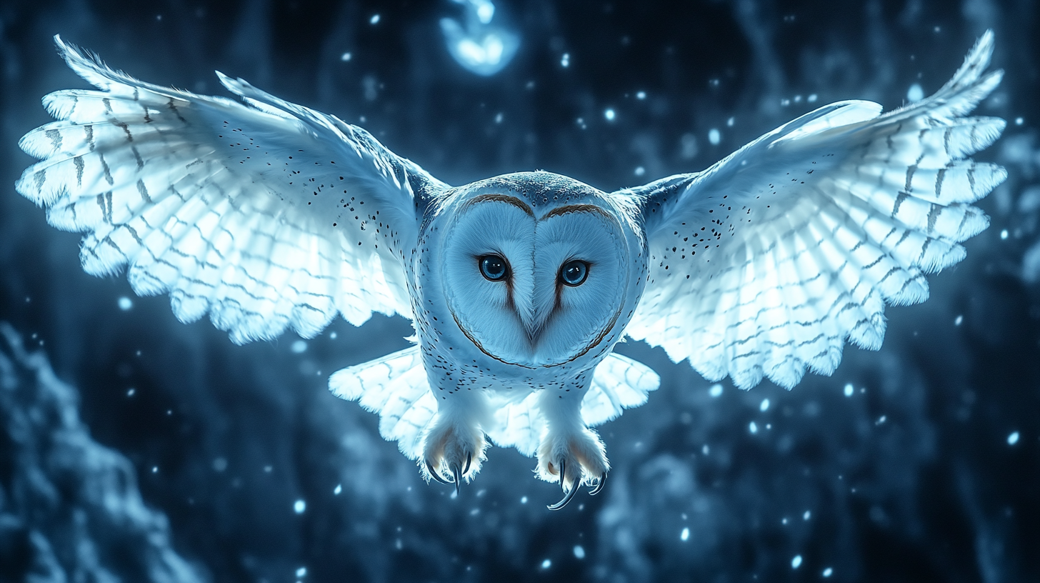 A Barn Owl Flying Symmetrically Through Dark Forest