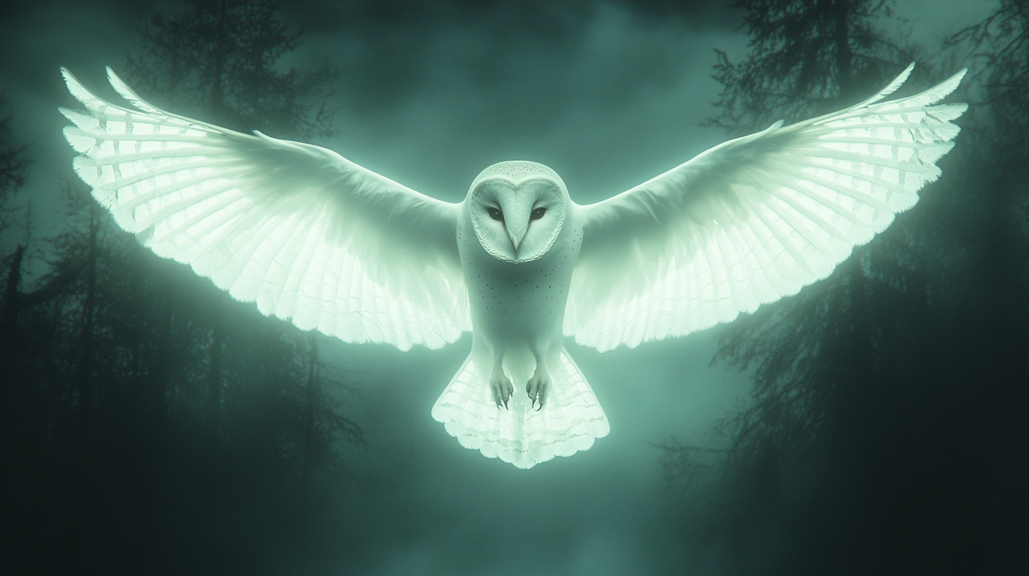 A Barn Owl Flying Through Dark Forest