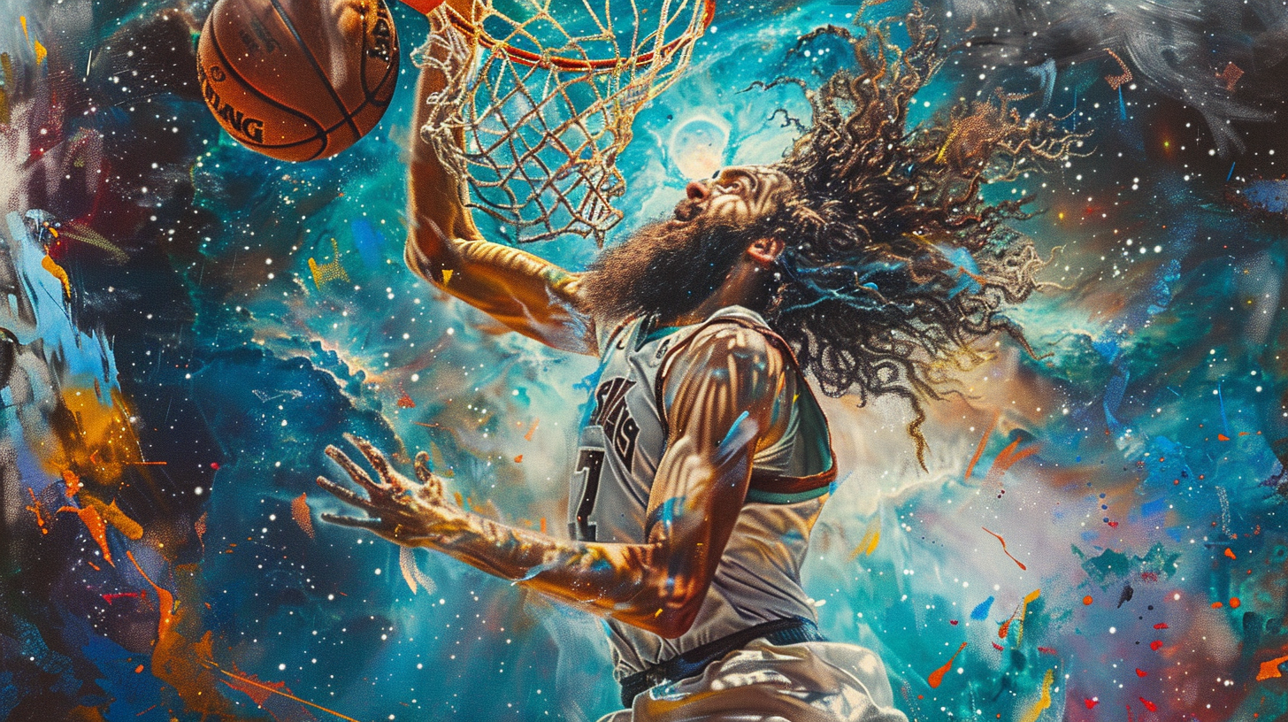 A Basketball Player Dunking in Galactic Nebula