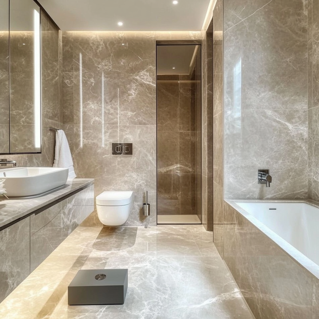 A Bathroom with Gray Marble Walls and Floor