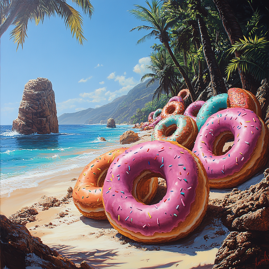 A Beach with Colorful Donut Rocks and Palm Trees