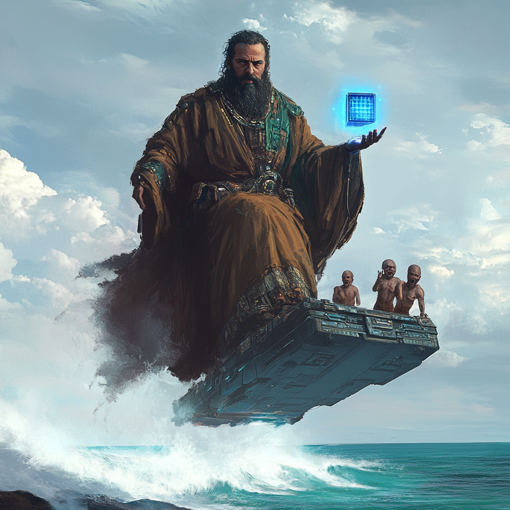 A Bearded Man Riding Futuristic Boat Approaching Bowing Cave Men