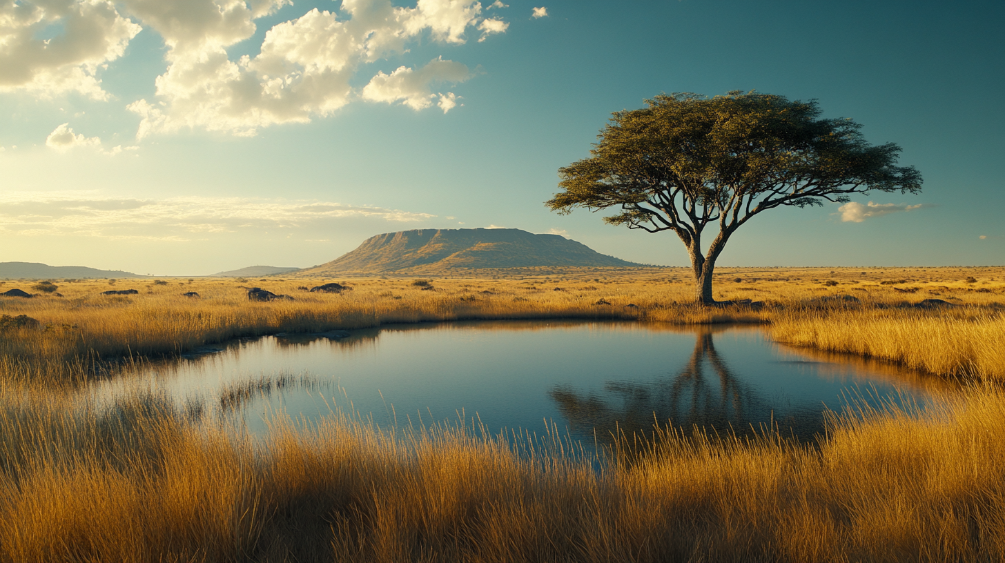 A Beautiful African Savannah Landscape with Small Lake