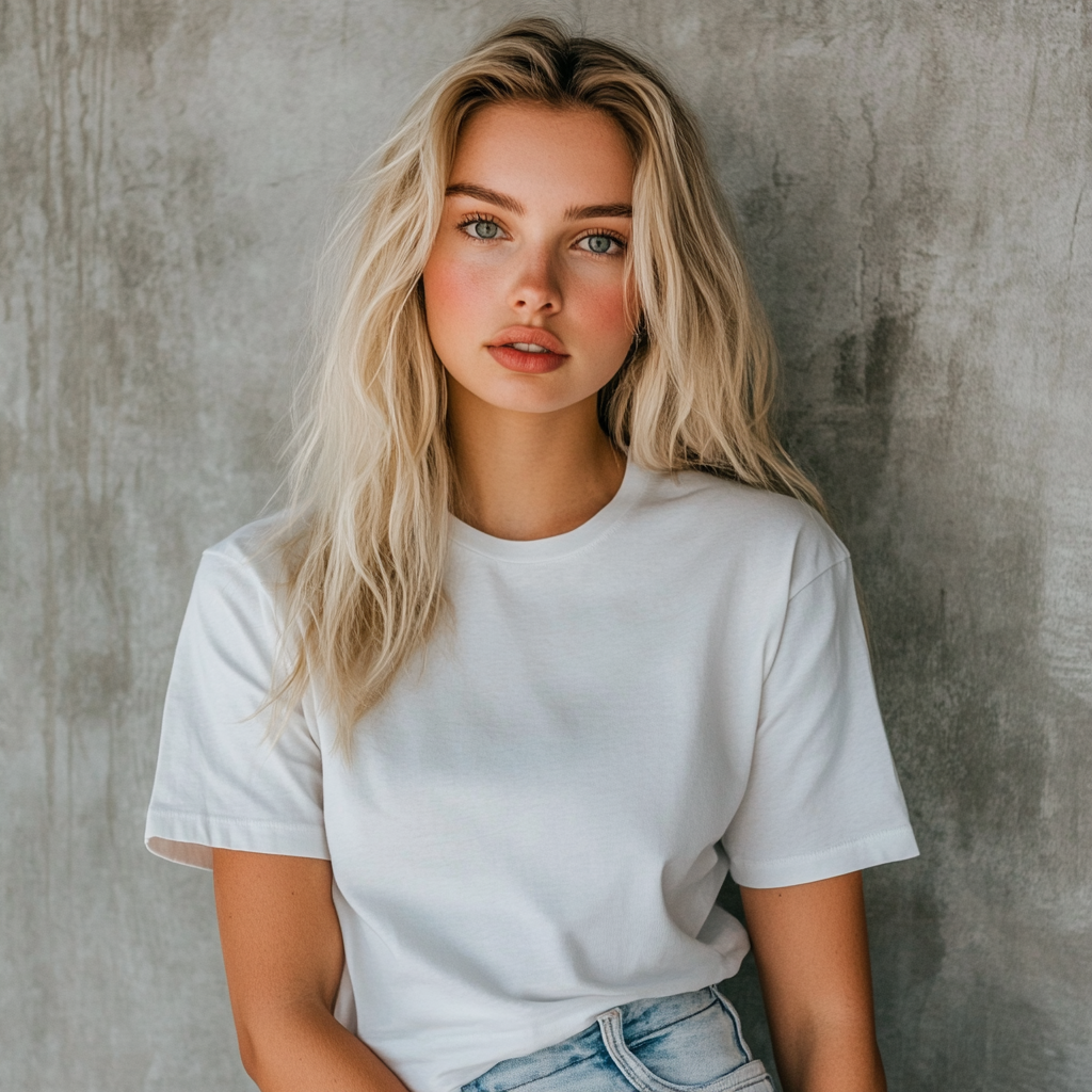 A Beautiful Blonde Model in a White T-Shirt