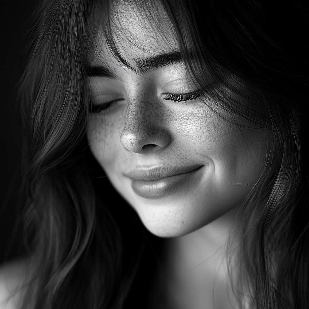 A Beautiful European Woman Smiling in Black and Grey