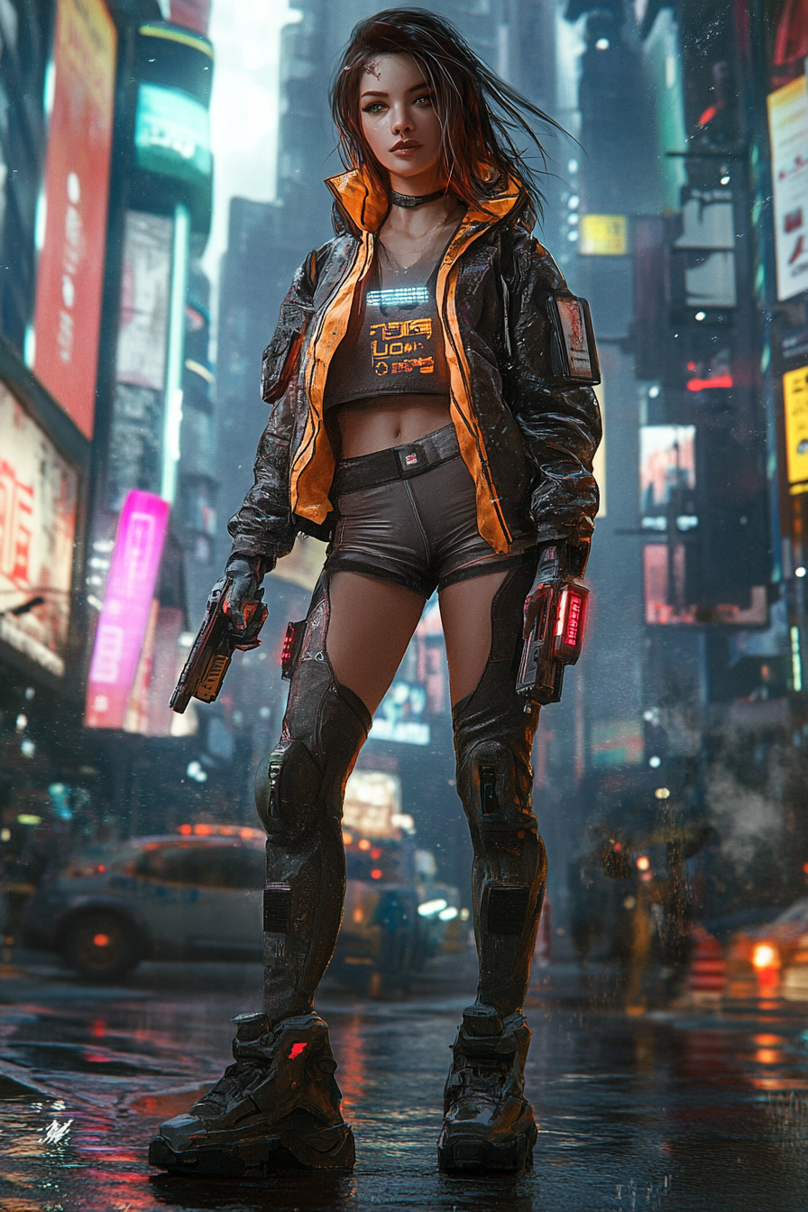 A Beautiful Female Cyberpunk Decker in Futuristic City