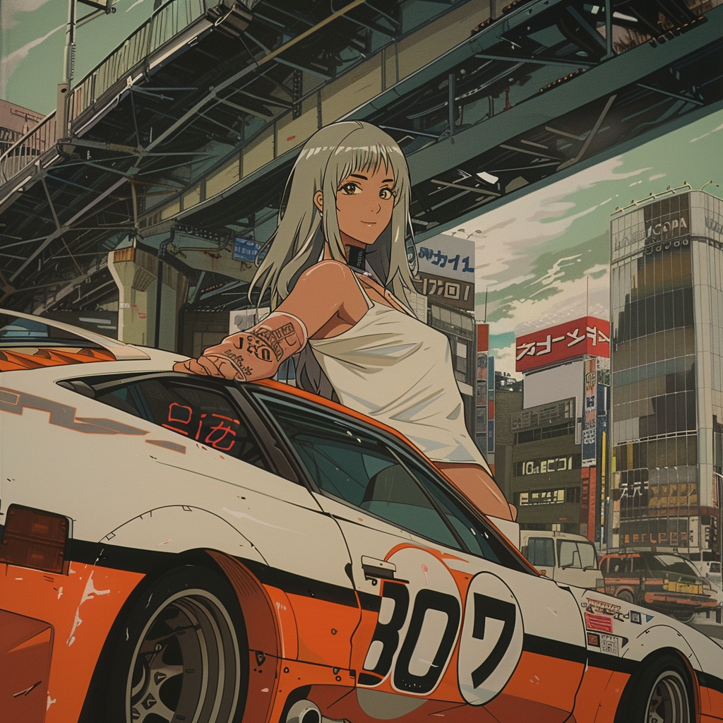 A Beautiful Girl Leaning on 80s Anime Car