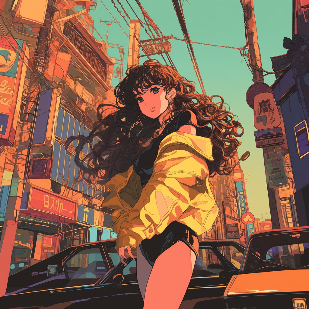 A Beautiful Girl in 80s Anime Cityscape