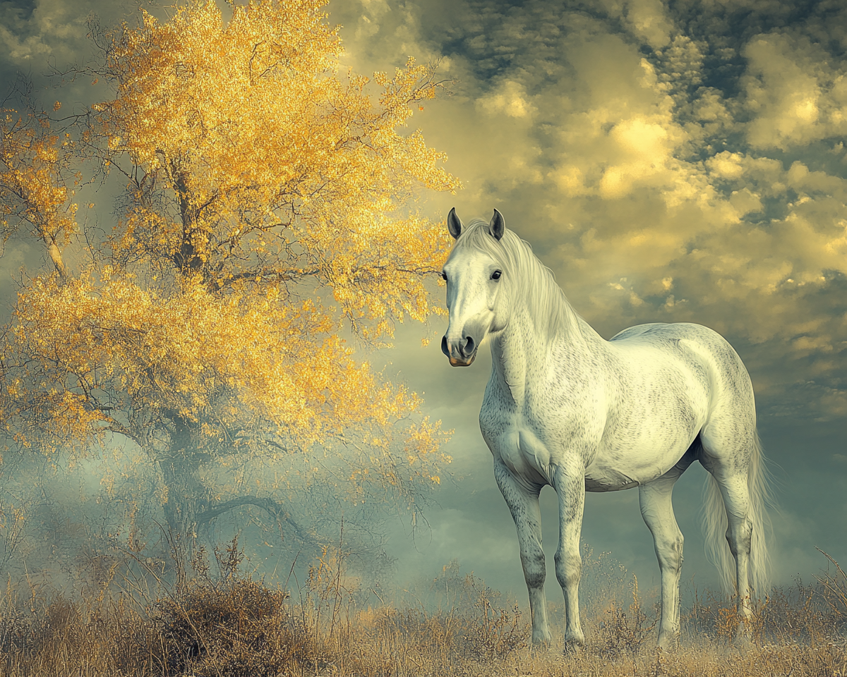 A Beautiful Gray Horse Standing by Magnificent Tree