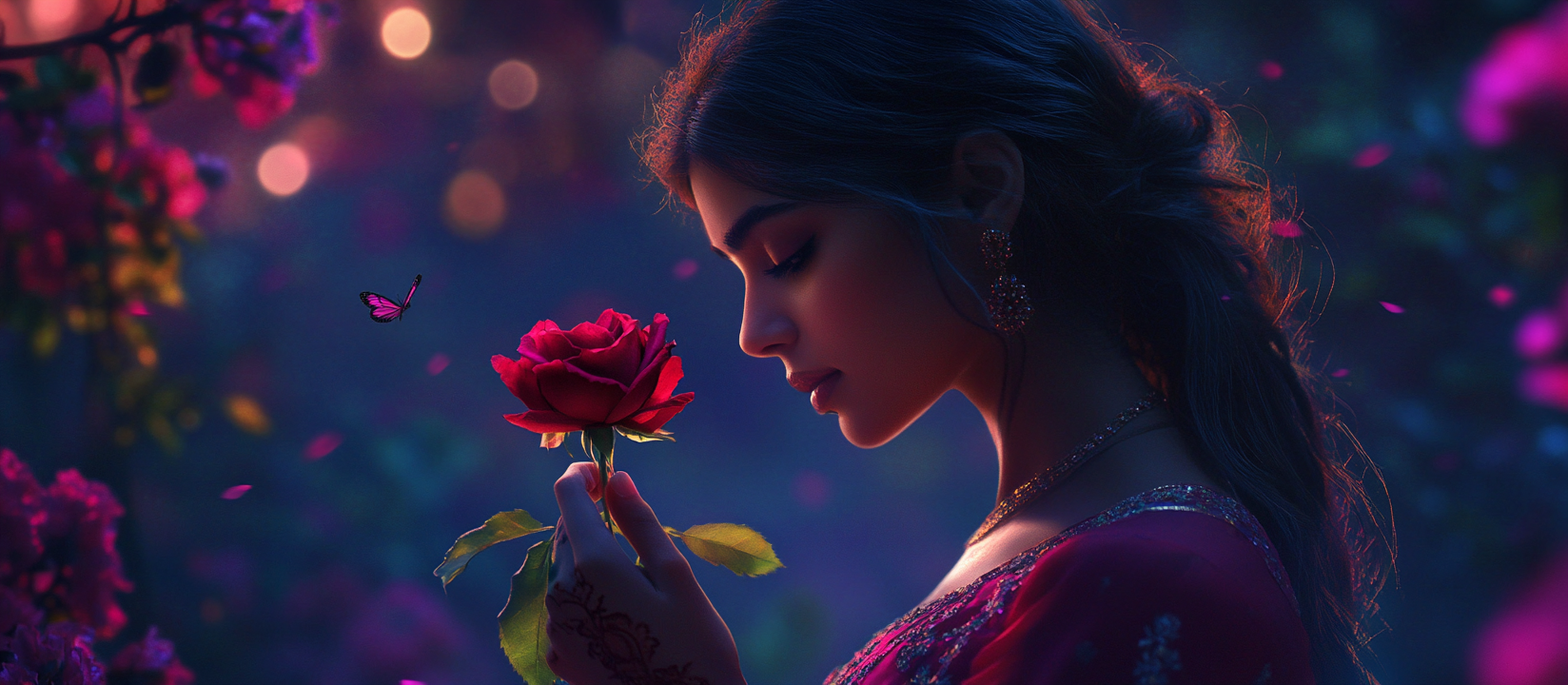 A Beautiful Indian Girl Picking Rose in Forest