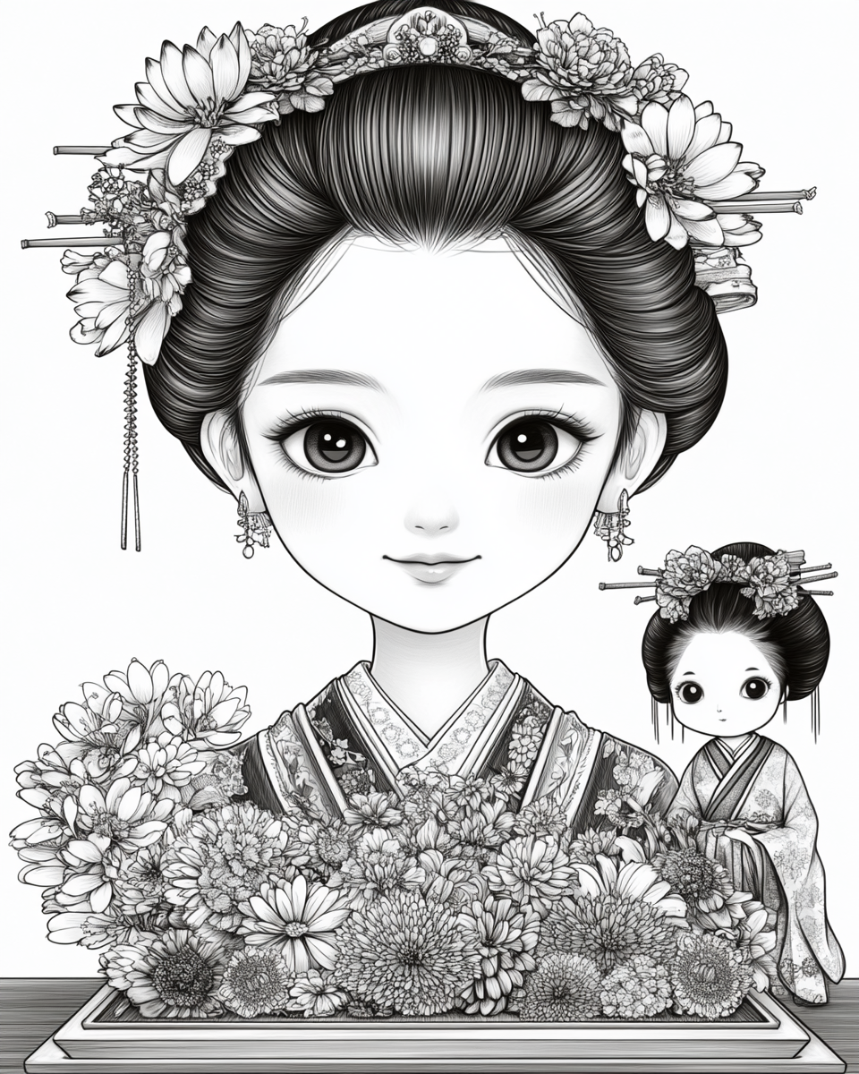 A Beautiful Japanese Flowers Arrangement Coloring Page