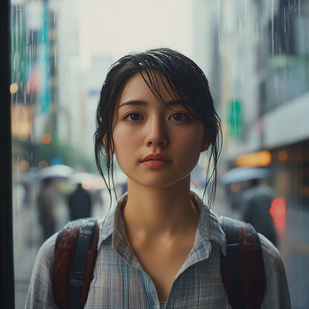 A Beautiful Japanese Woman in Tokyo Morning Rain