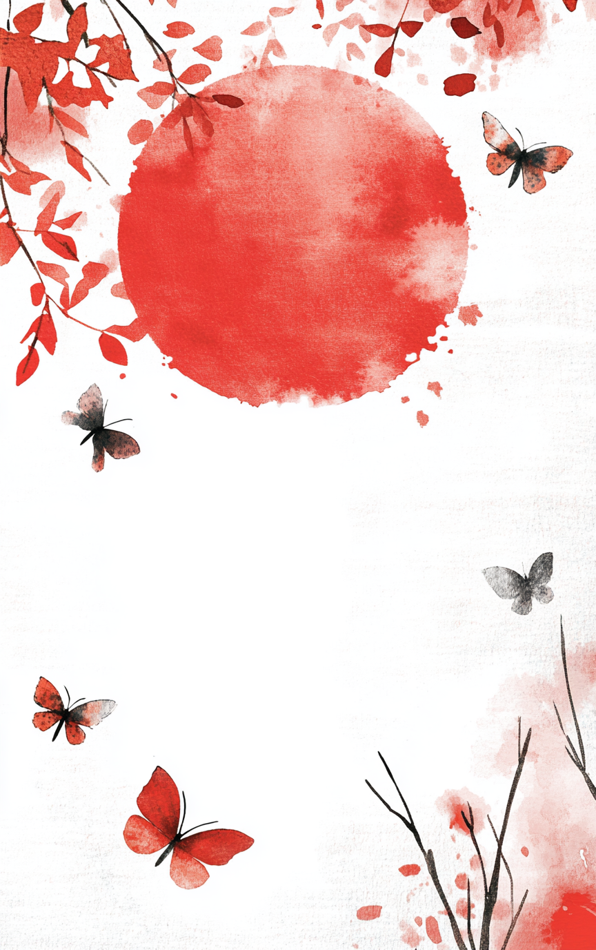 A Beautiful Nature Frame with Red Sun and Butterflies