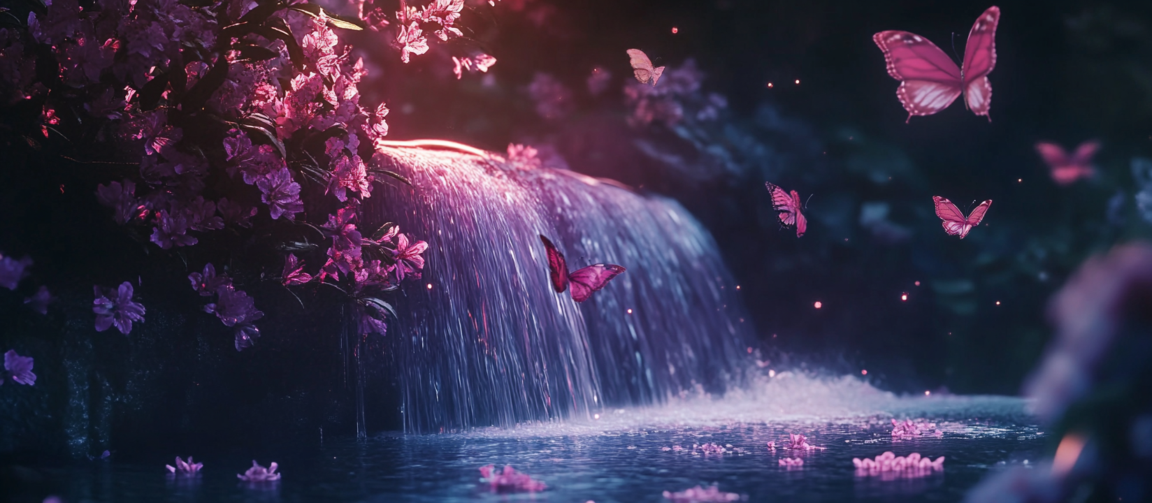 A Beautiful Romantic Waterfall Scene at Night