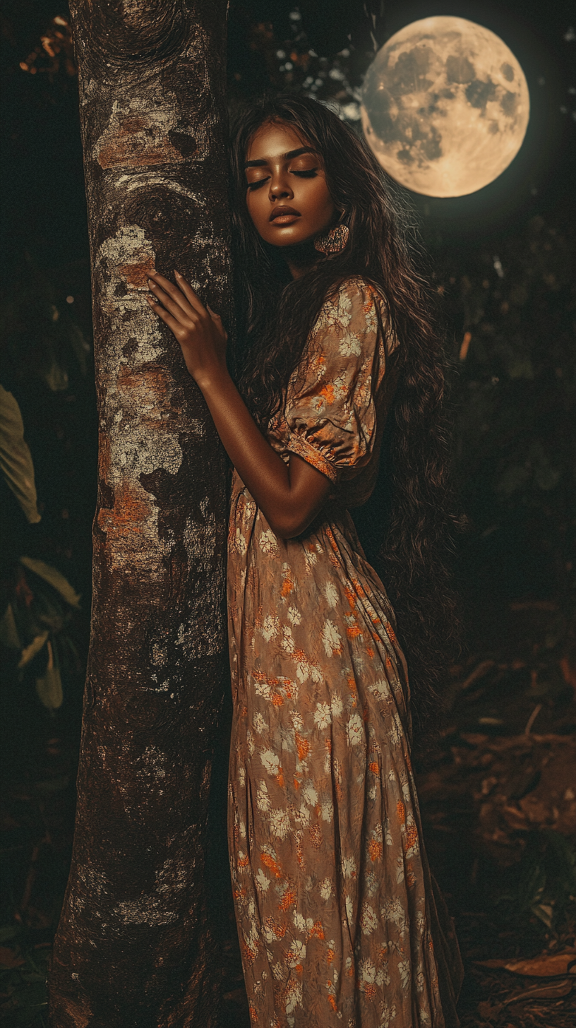 A Beautiful Sri Lankan Woman Poses Under Moonlit Tree