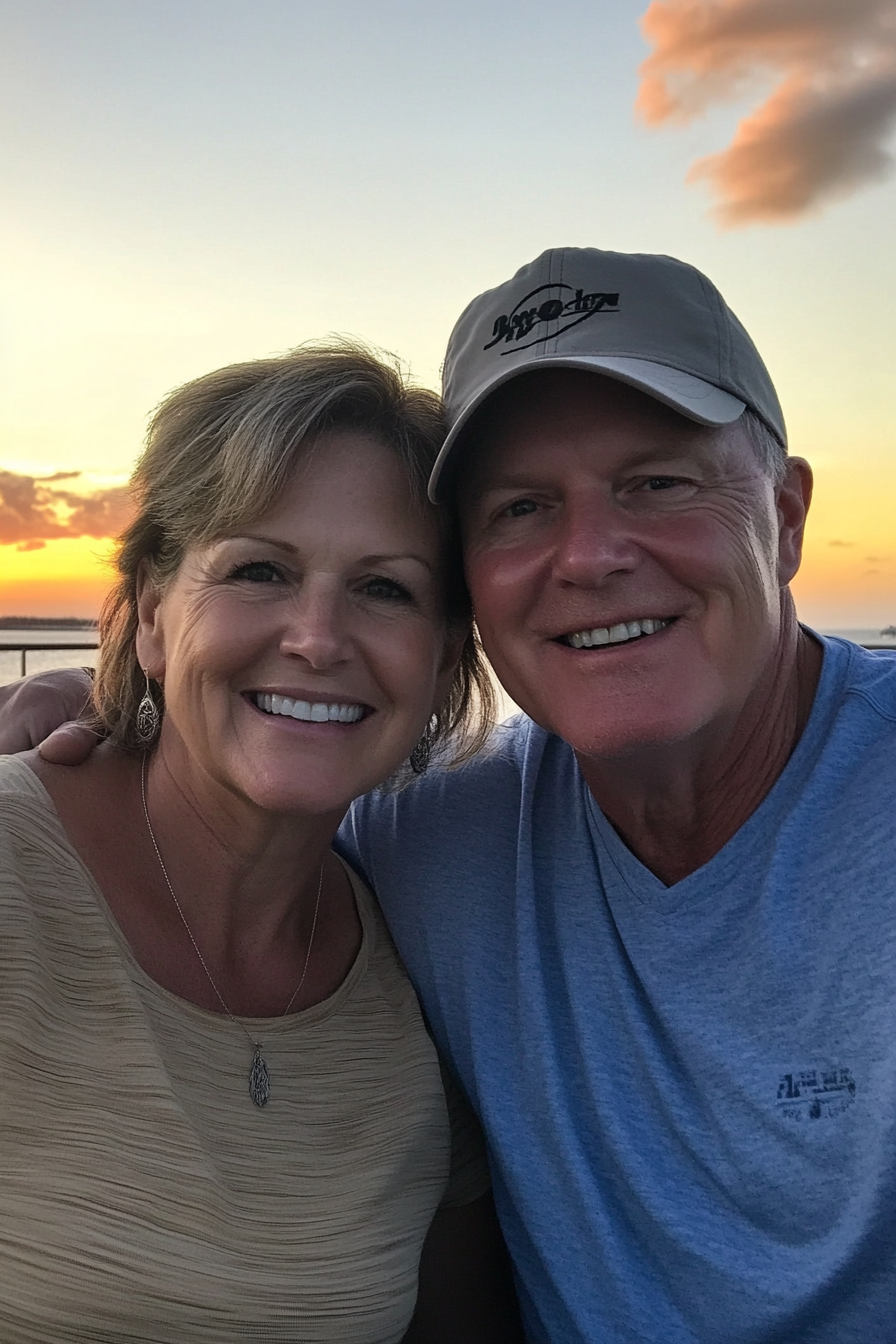 A Beautiful Sunset, Happy Couple Smiling on Cruise