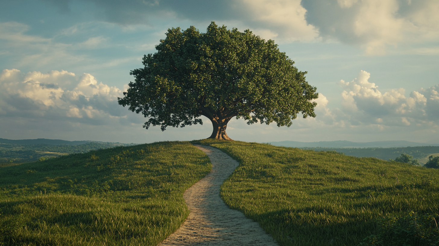 A Beautiful Tree Stands Alone on Hill.