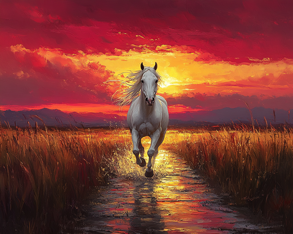 A Beautiful White Horse Running at Sunset