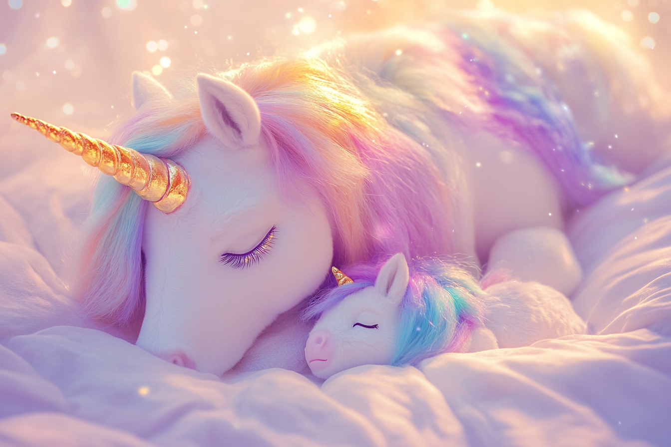 A Beautiful White Unicorn and Her Baby Sleeping