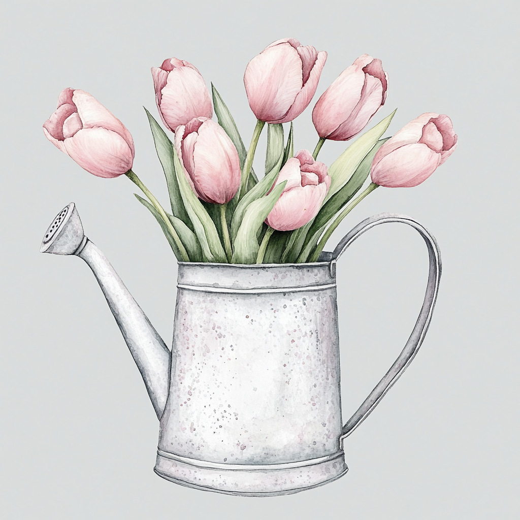 A Beautiful White Watering Can with Pink Tulips