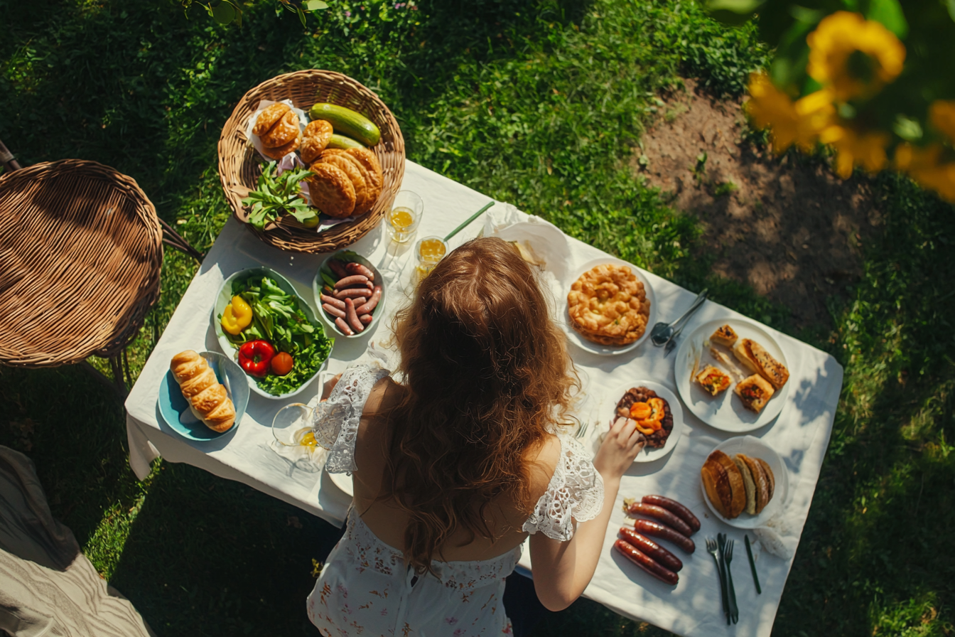 A Beautiful Woman Setting a Summer Garden Breakfast