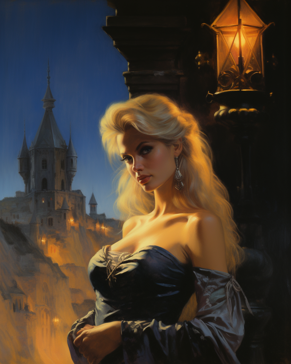 A Beautiful Woman at a Castle at Night