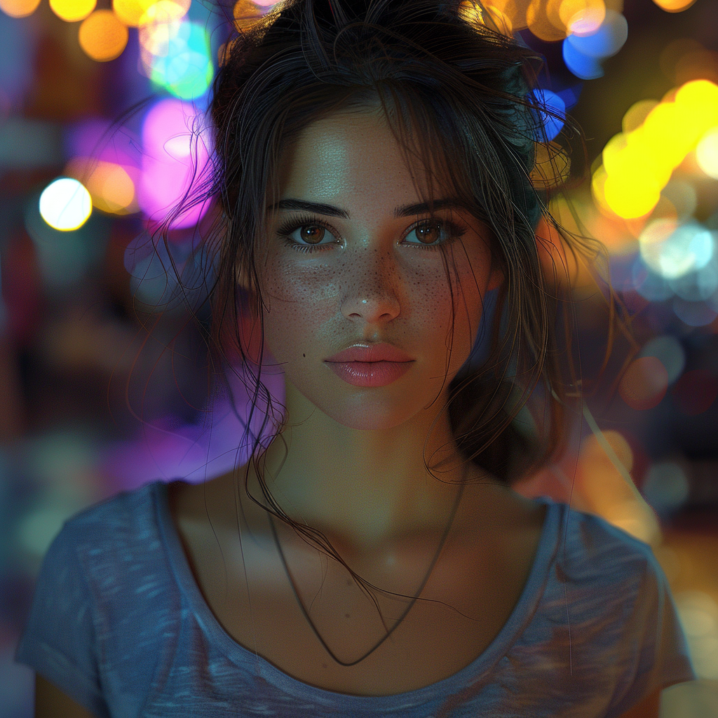 A Beautiful Woman in City at Night