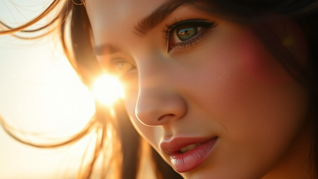 A Beautiful Woman with Sunlight Reflected in Eyes.