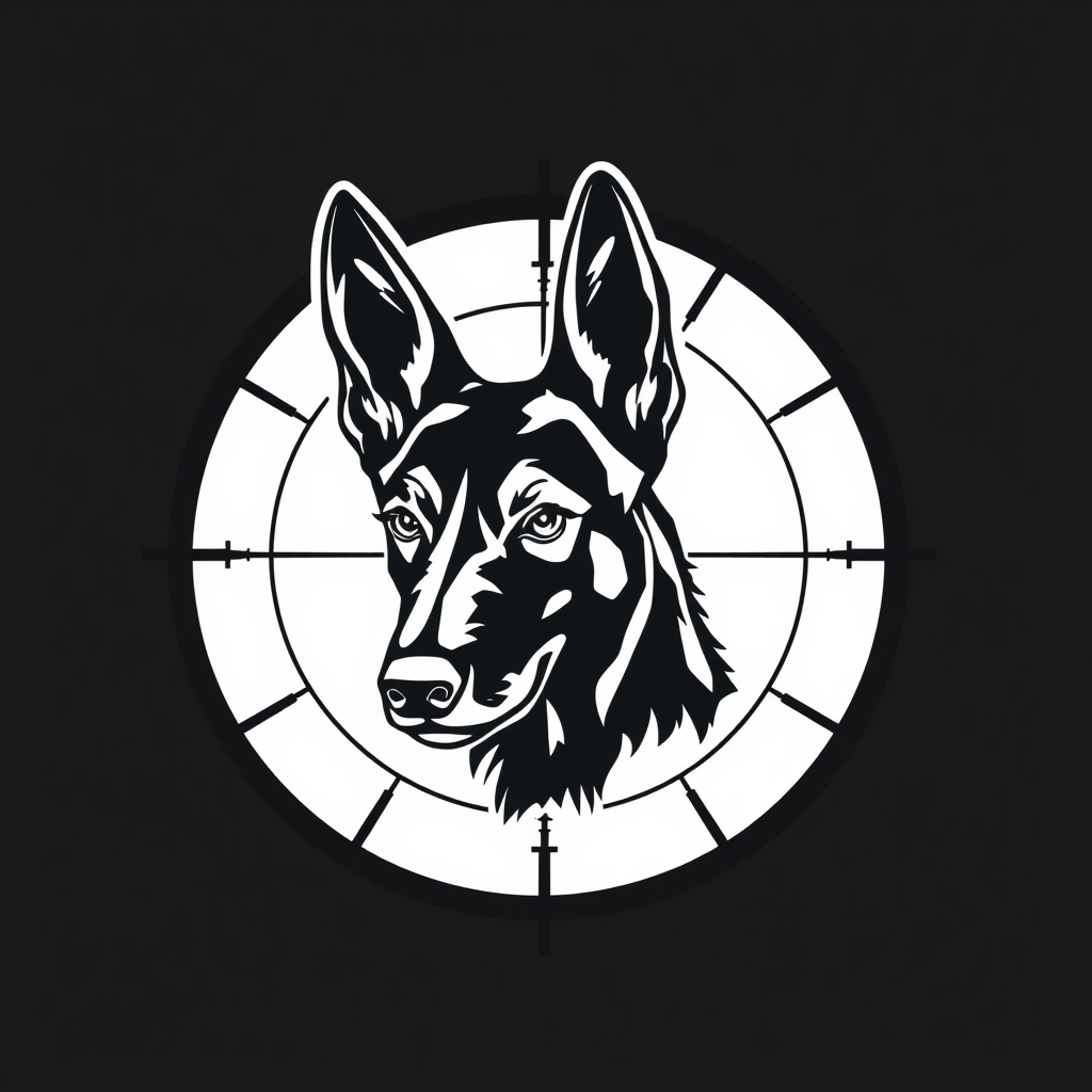 A Belgian Malinois Head in Scope Crosshairs Logo