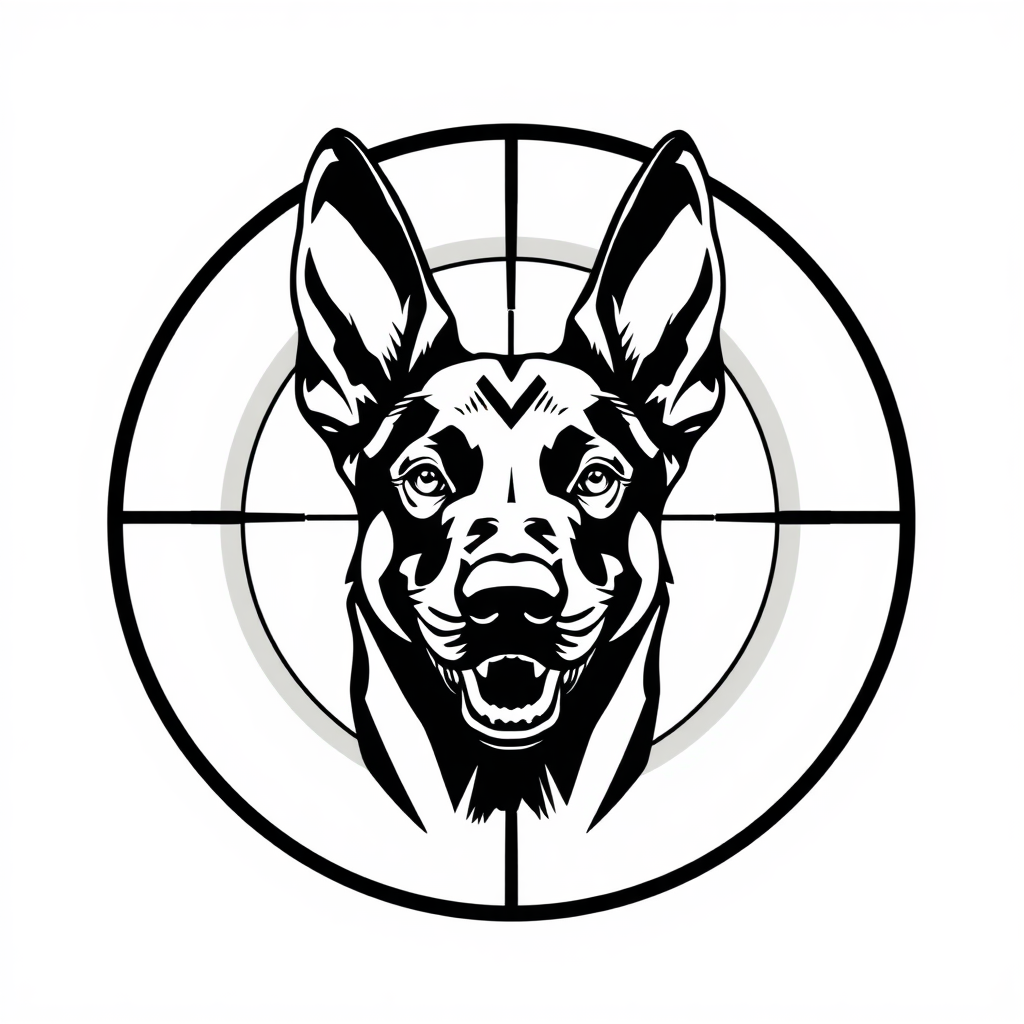 A Belgian Malinois in Scope Crosshairs Logo