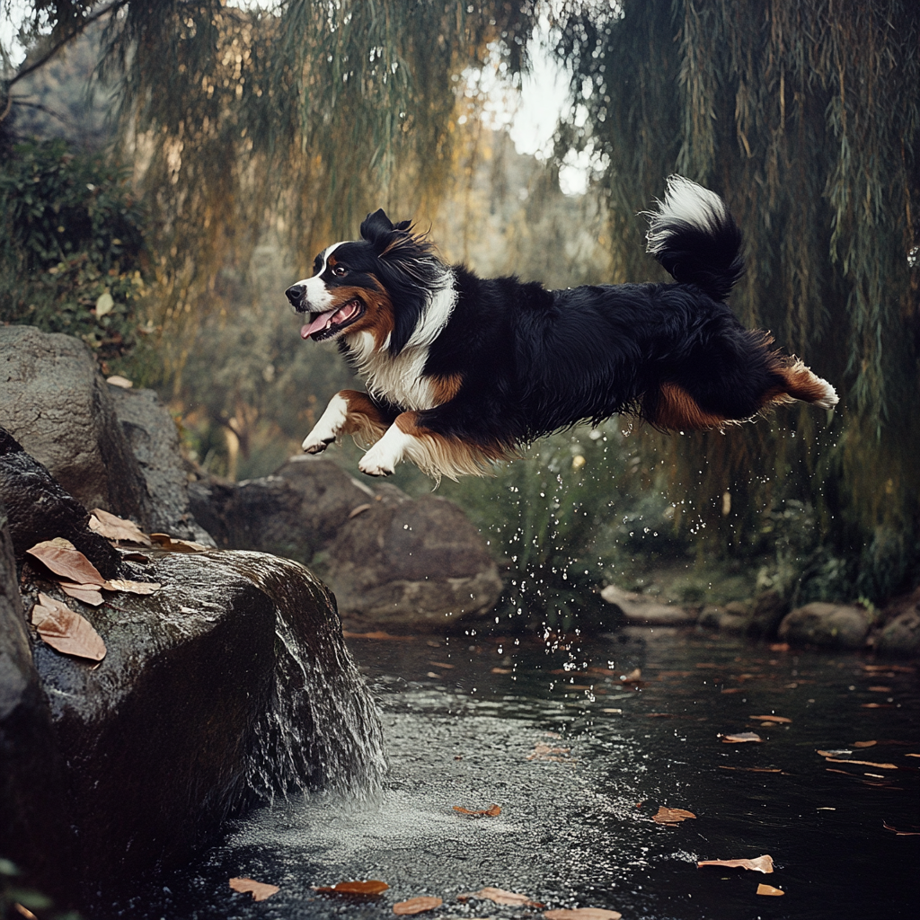 A Bernese Dog Jumping Over River Rocks