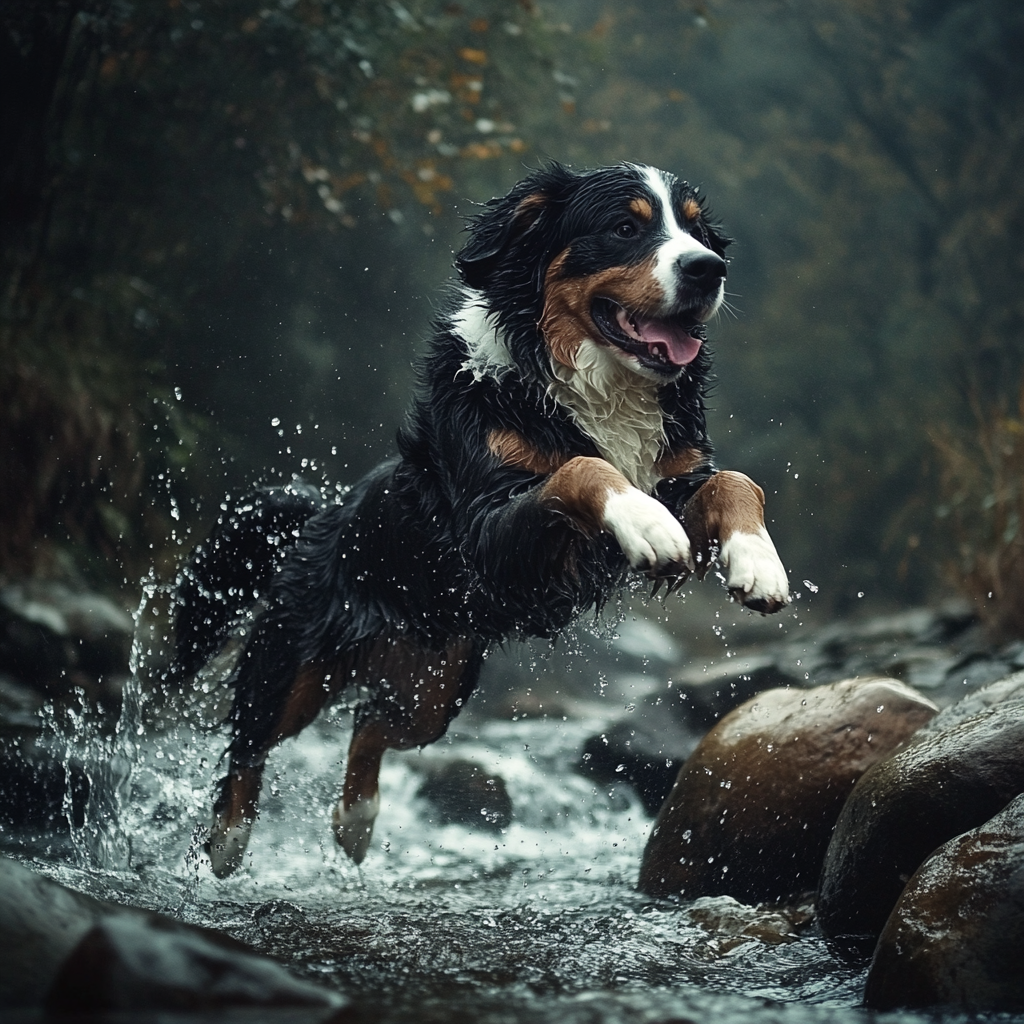 A Bernese Dog Jumping Rocks in Mexican Forest