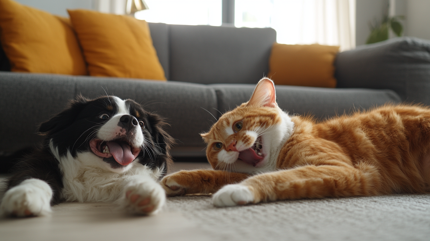 A Bernese and Cat Playing Together in Living Room