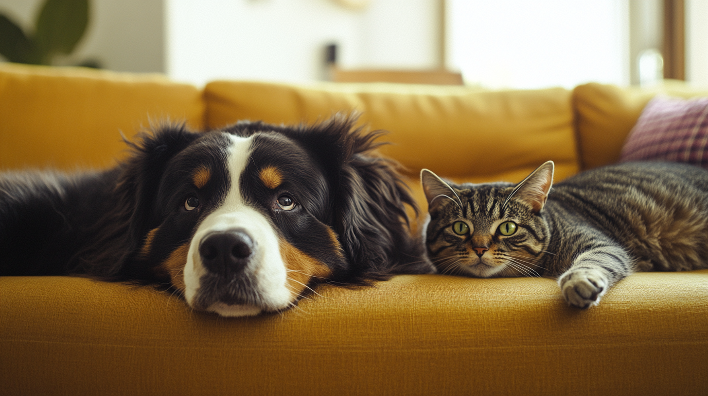 A Bernese and a Cat Playing Happily Together