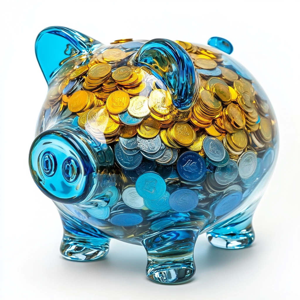 A Big Blue Glass Piggy Bank with Coins