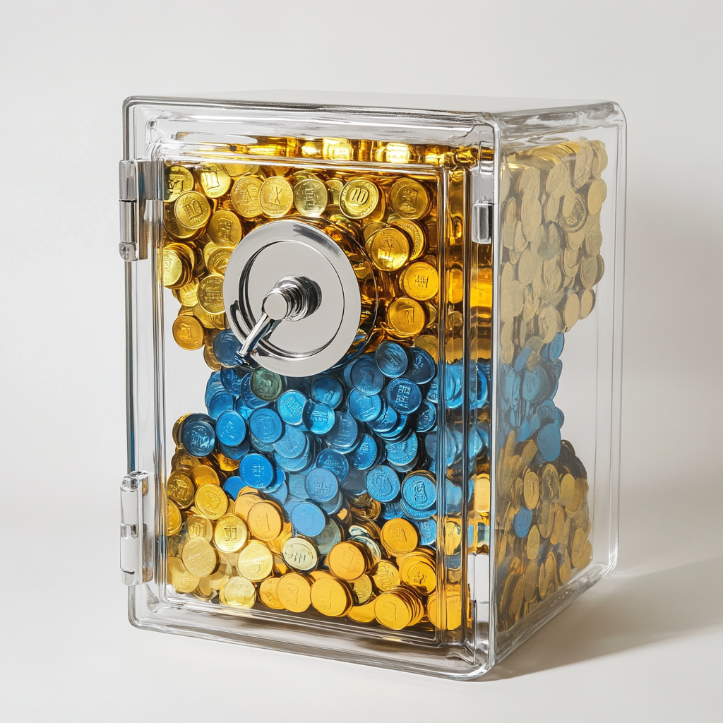 A Big Empty Safe with Blue and Yellow Coins.